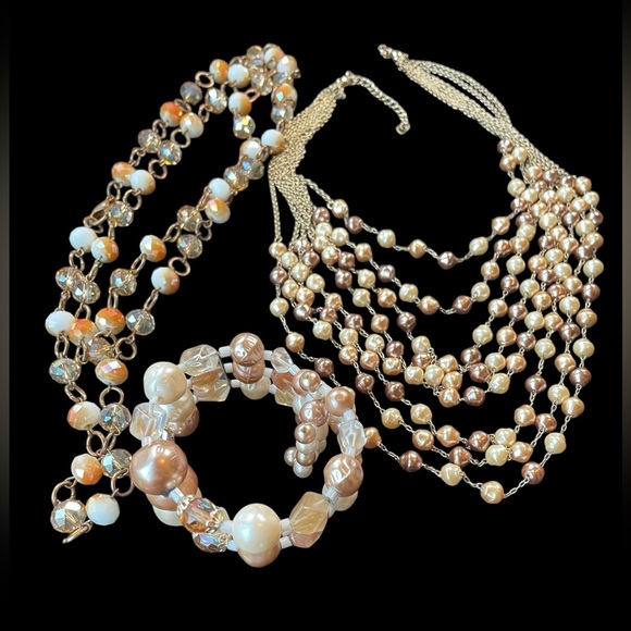 3 Piece Bundle Vintage Pearl & Beige Aurora Borealis Necklace/Bracelet (t15) - Picture 3 of 14